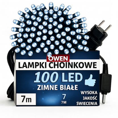 Lampki choinkowe 100 LED zimna biel - komplet do wnętrz i na choinkę